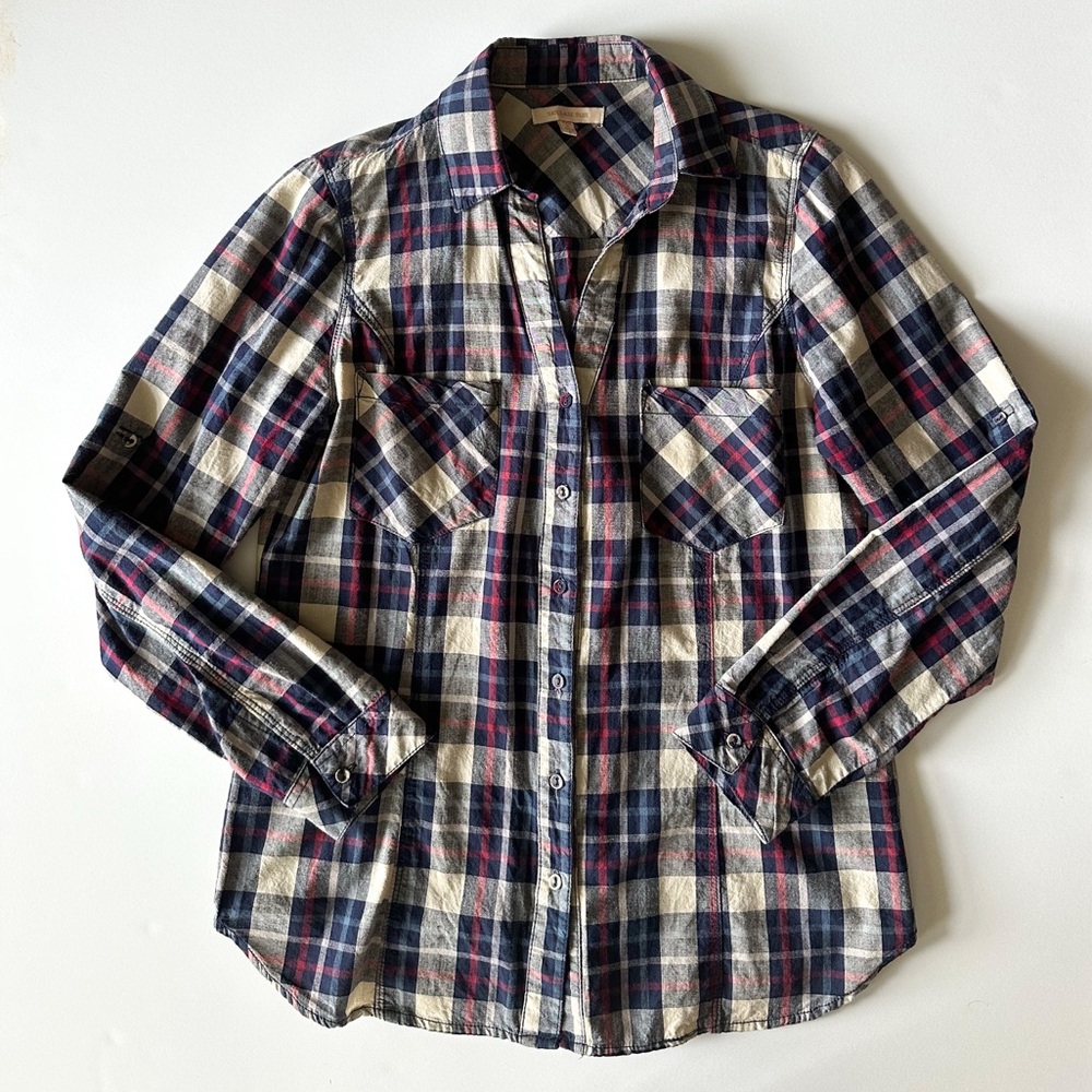 Skies are Blue Navy Blue Plaid Button-Up Shirt